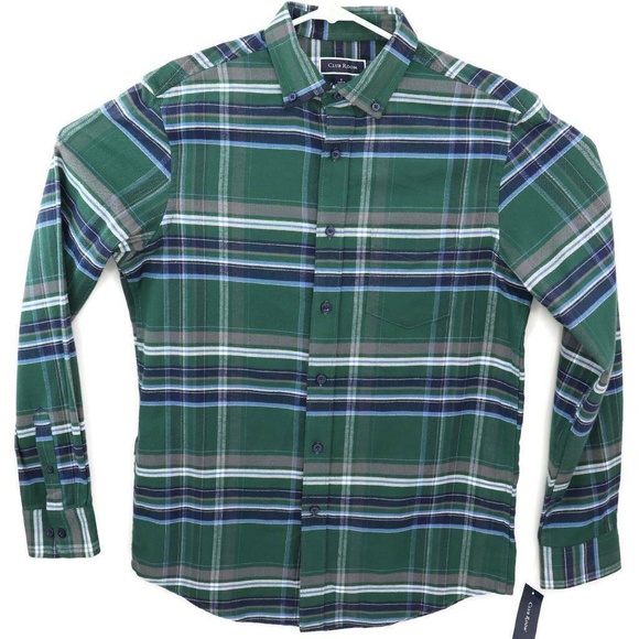 Club Room Mens Button Down Shirt Green Blue Plaid - Picture 1 of 8